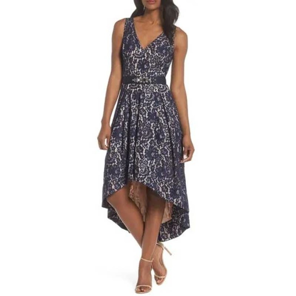 NWT Eliza J High Low Navy Lace Belted Cocktail Dress Size 2